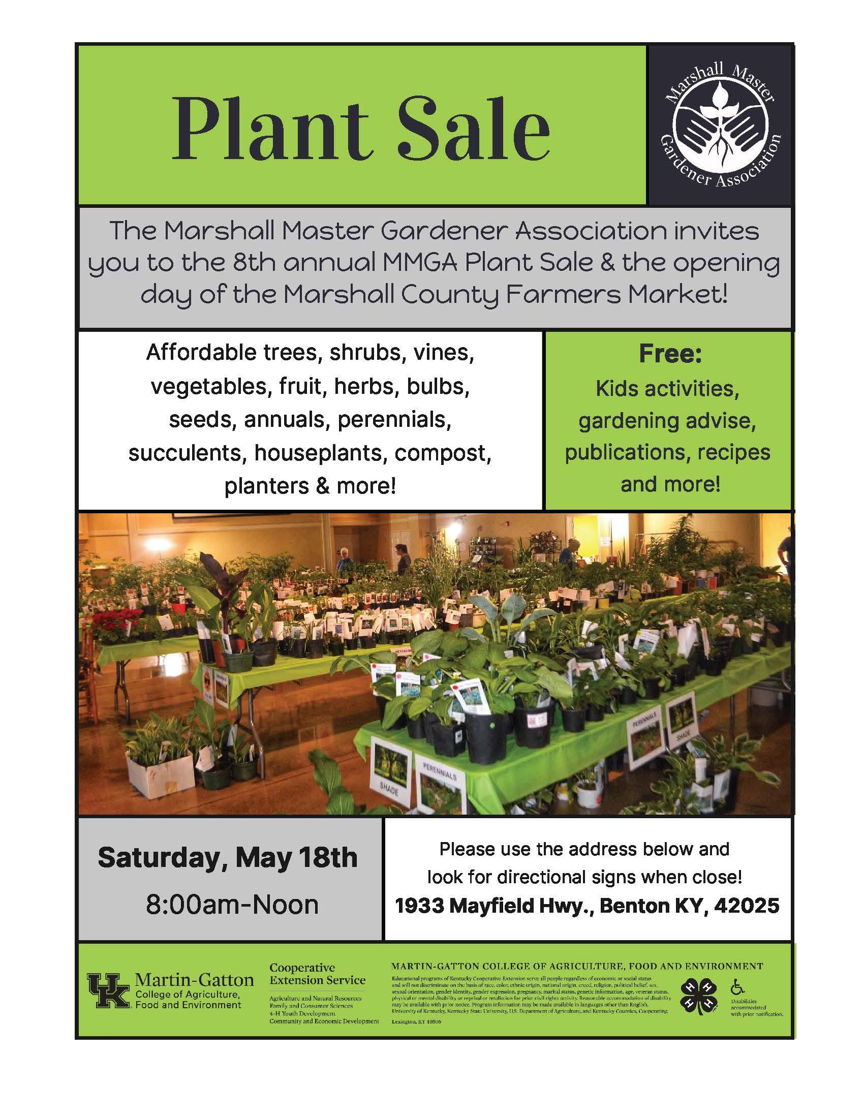 Master Gardener Plant Sale May 18, 2024 8 AM to Noon at 1933 Mayfield Hwy. Benton KY