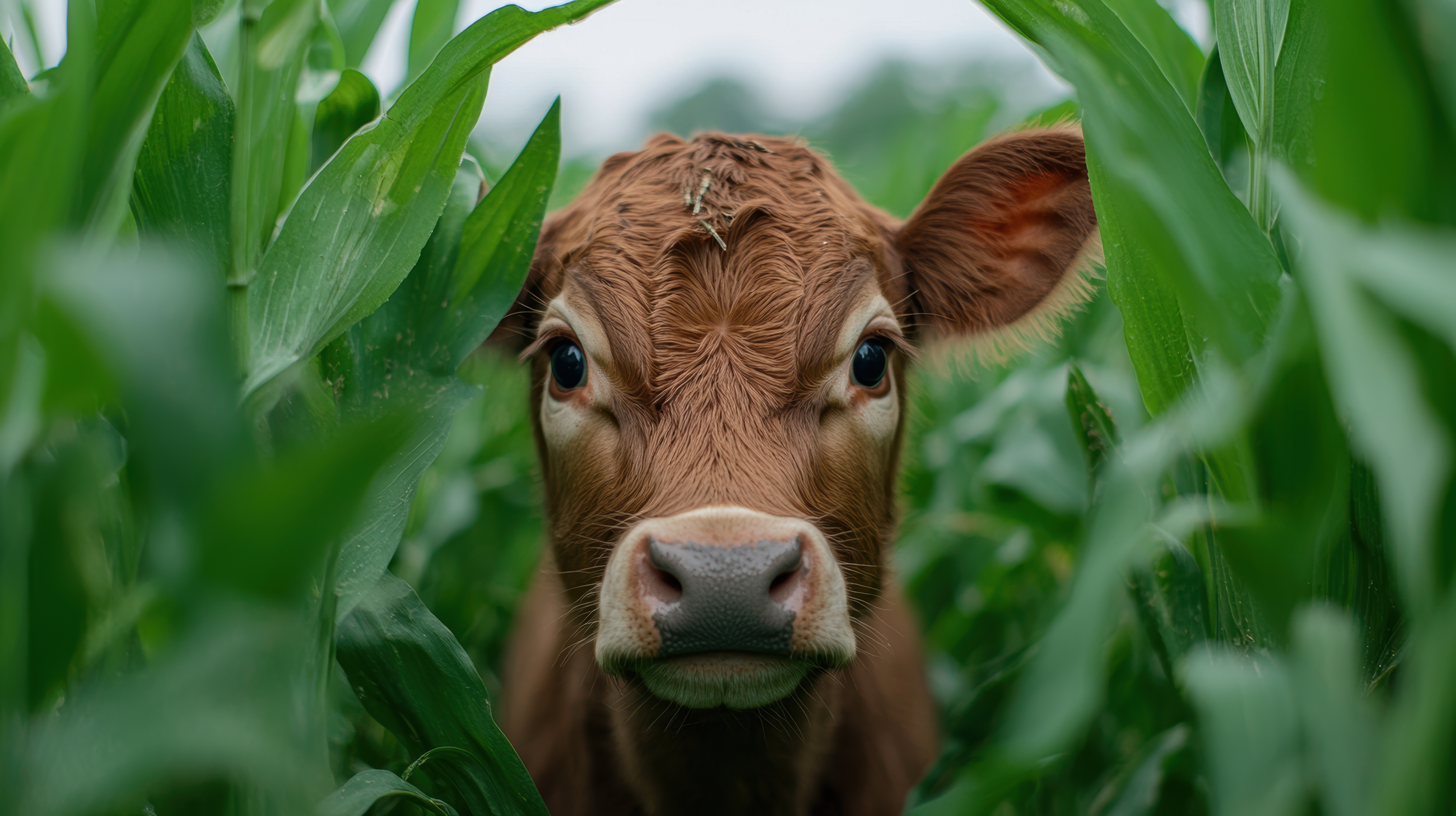 Curious cow peeking through corn field