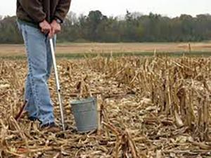 man taking a soil sample in a field