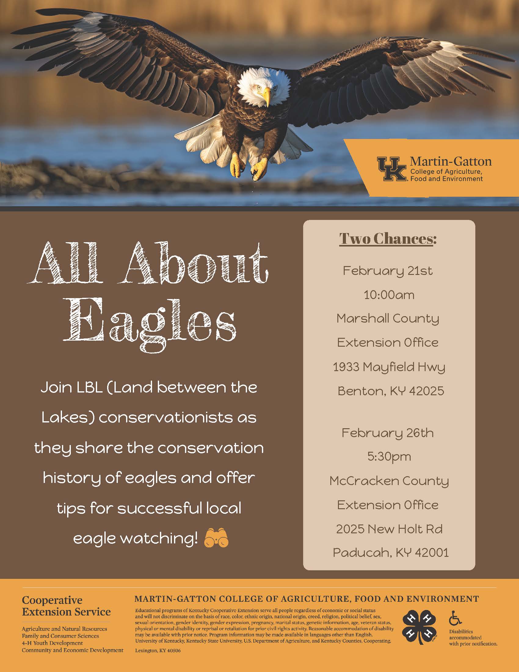 Join LBL conservationists as they share the conservation history of eagles and offer tips for successful local eagle watching! 