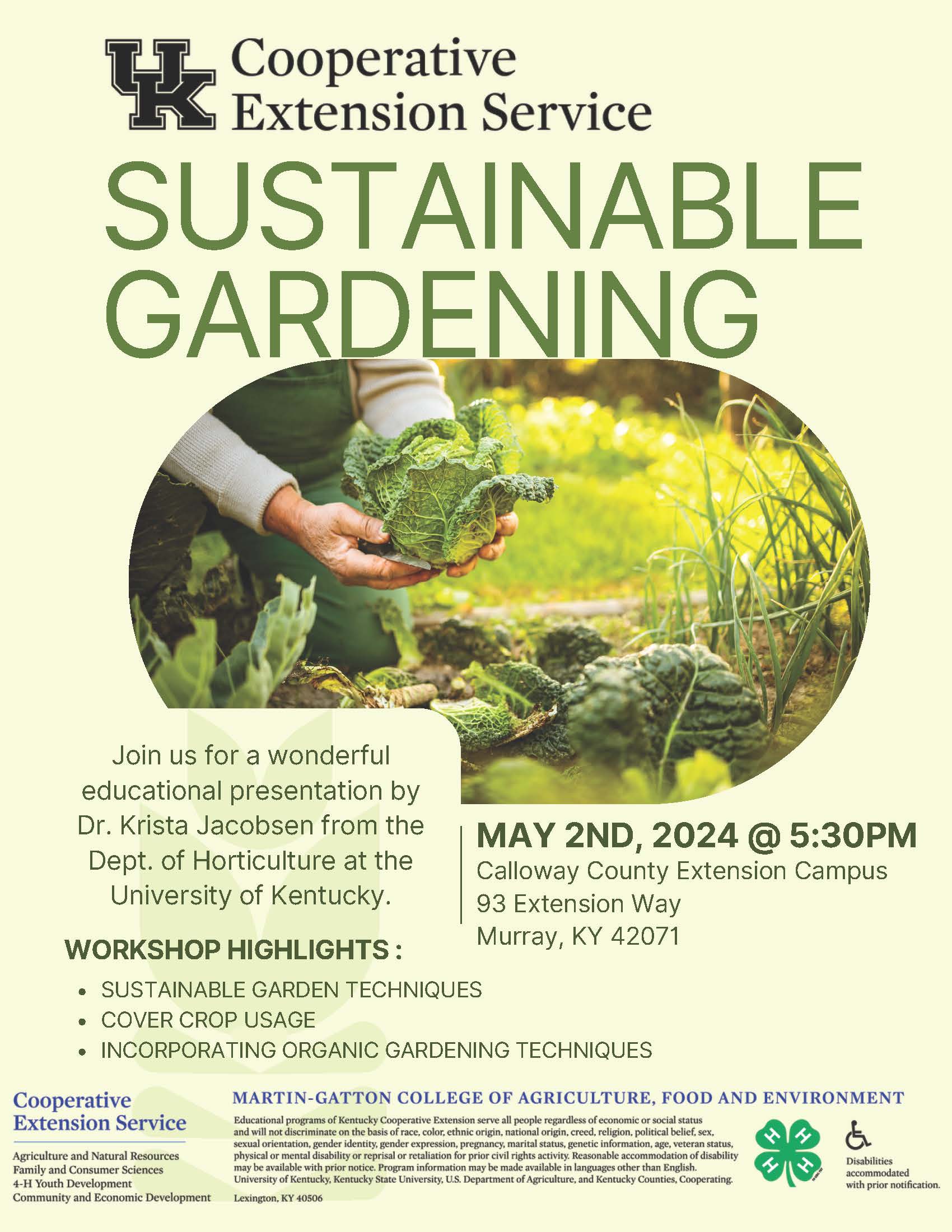 Sustainable Gardening May 2nd at 5:30 at the Calloway County Extension Office