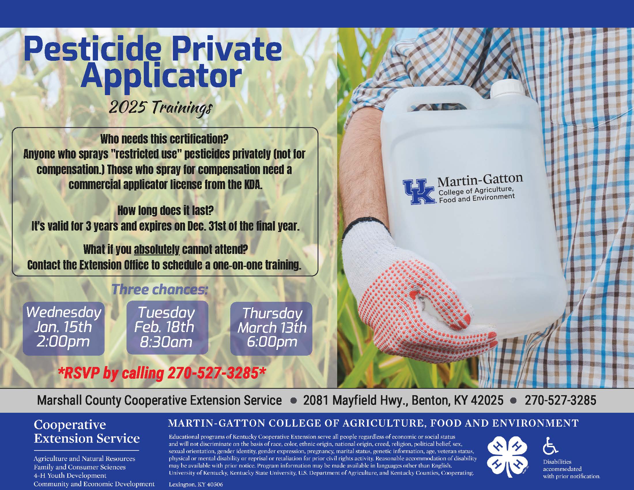 Pesticide Private Applicator January 15, 2025 @ 2 PM, February 18, 2025 @ 8:30am or March 13, 2025 @ 6 PM