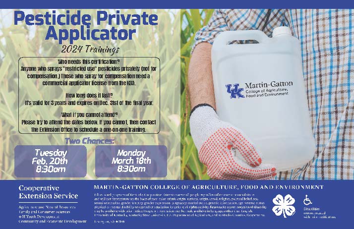 Pesticide Private Applicator February 20th or March 18th at 8:30am