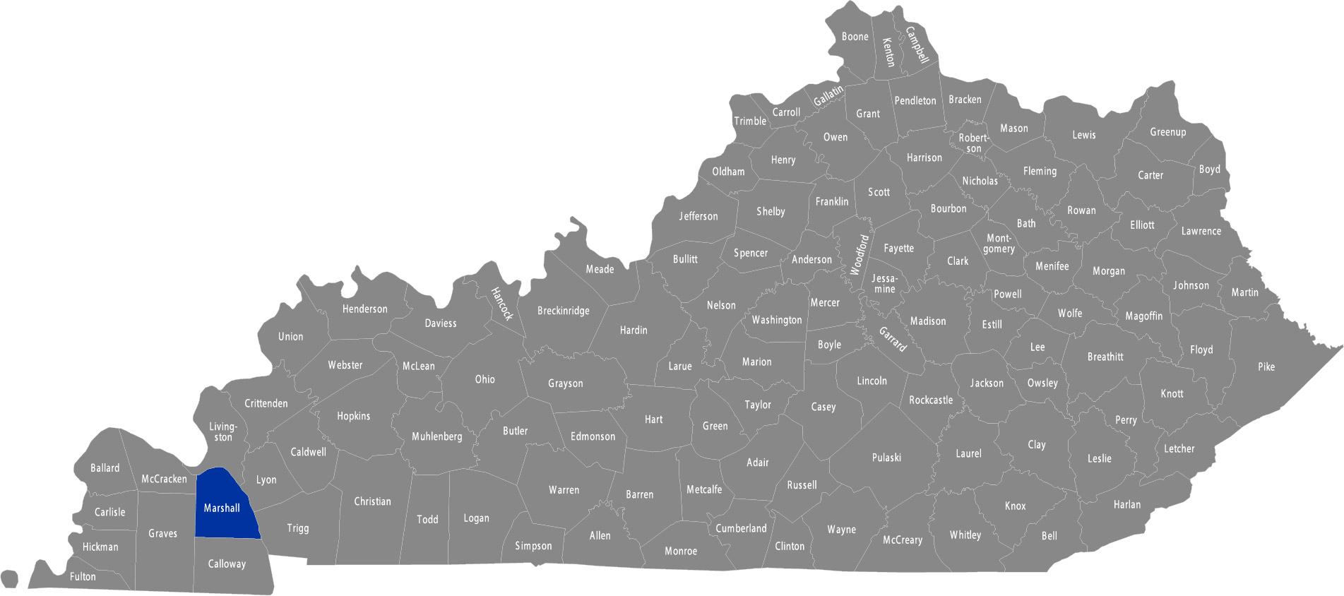 State of Kentucky map with Marshall County highlighted