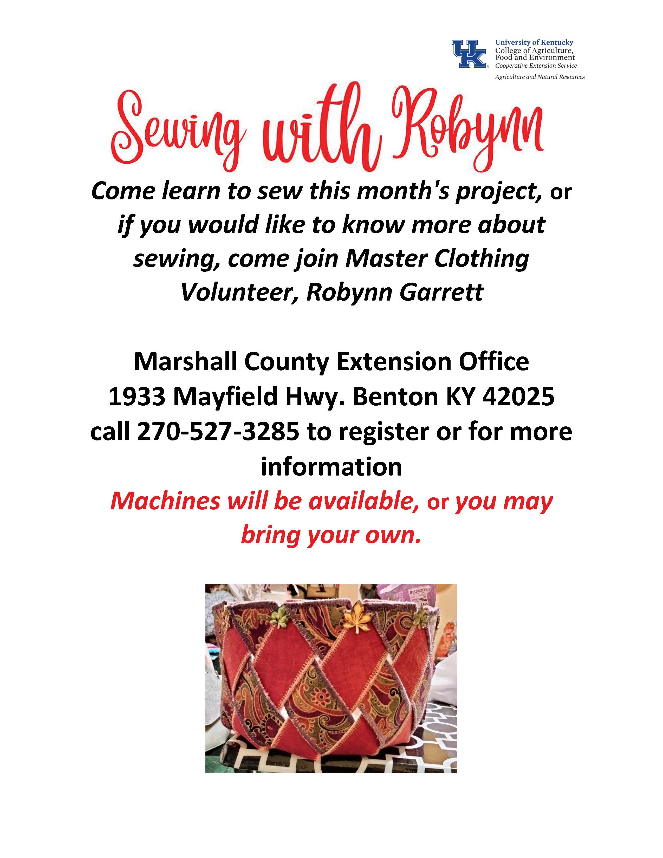 flyer for sewing class with a handmade cloth basket